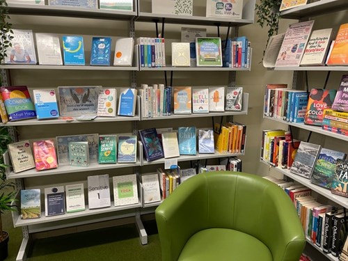 photo of library wellbeing book display area