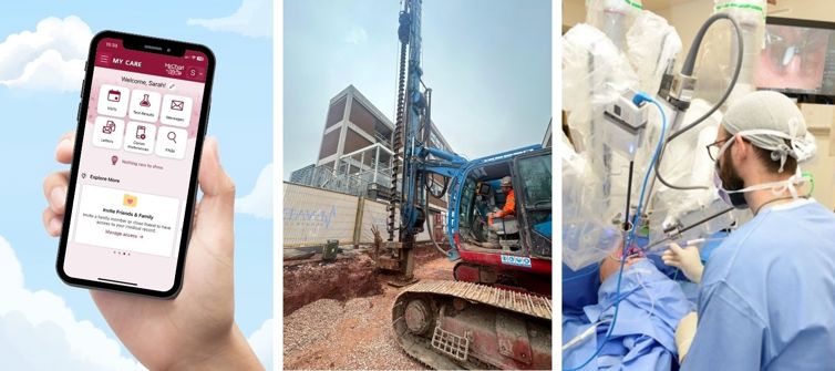 A person holding a phone with the MY CARE app open, building works at the RD&E, and a surgeon using a robot to carry out surgery